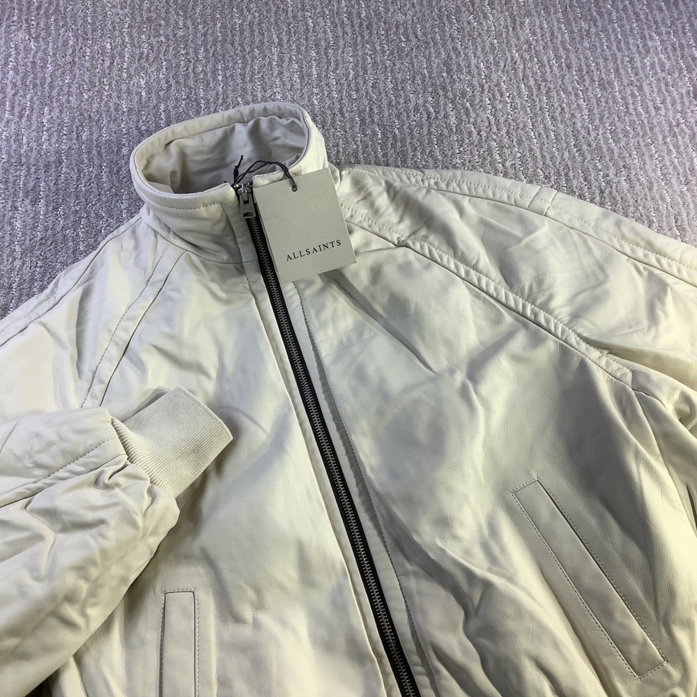 AllSaints Rowan Bomber Jacket‎ Off White Sheep Leather Zip Up US 4 NWT